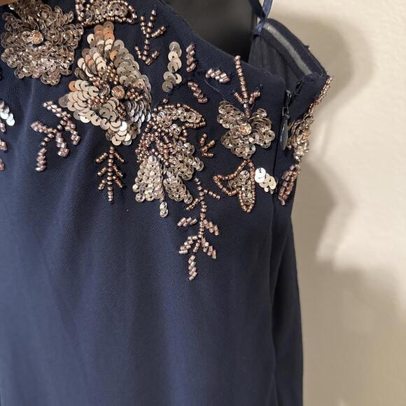 NWT ADRIANNA PAPELL Blue One Shoulder Sequin Trim Overlay Jumpsuit - Size 14 - Picture 8 of 9